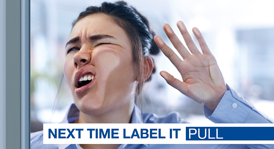 Label bumping into a glass door because there's no label