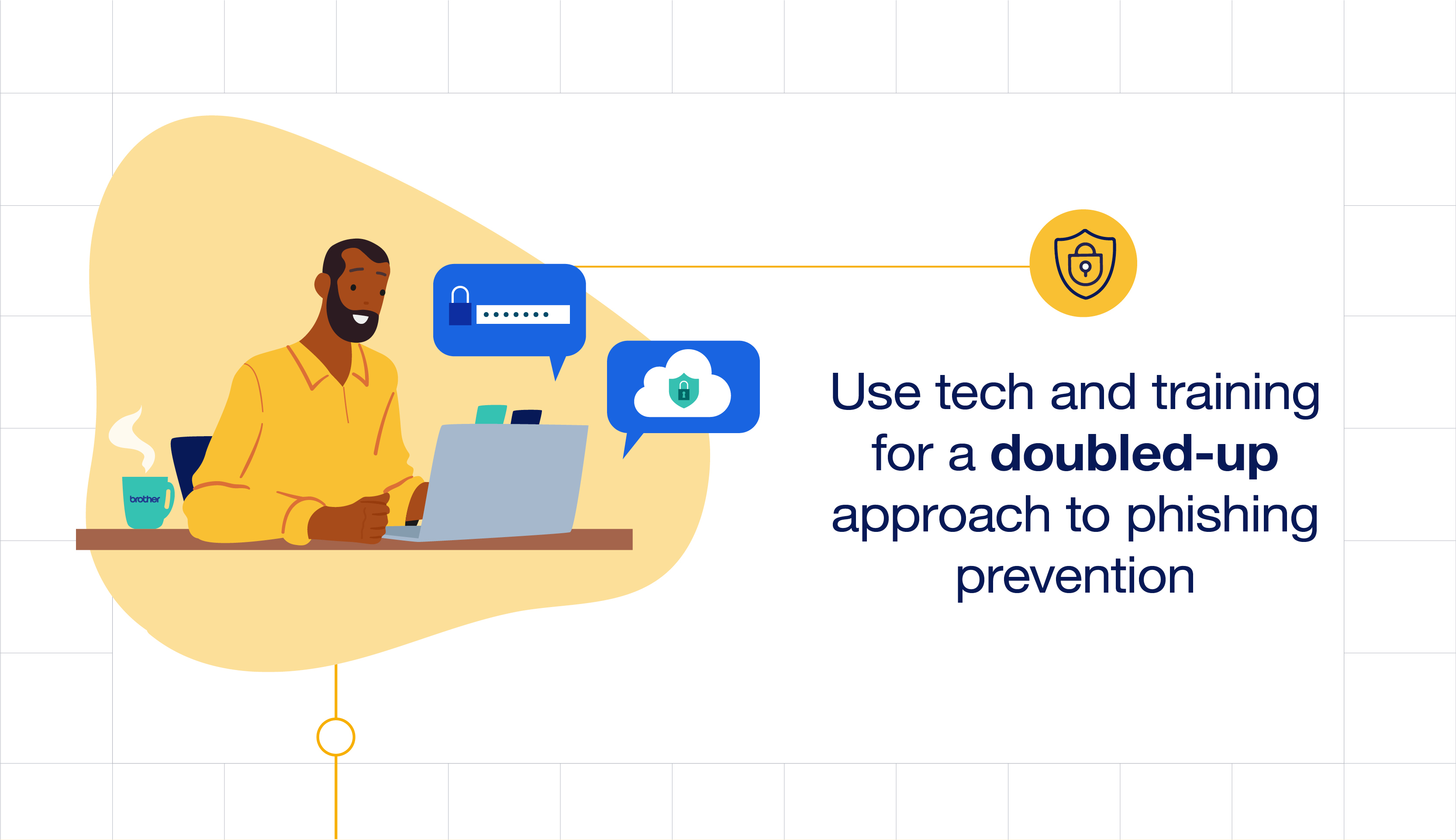 Animated security expert using his laptop to upskill with security training