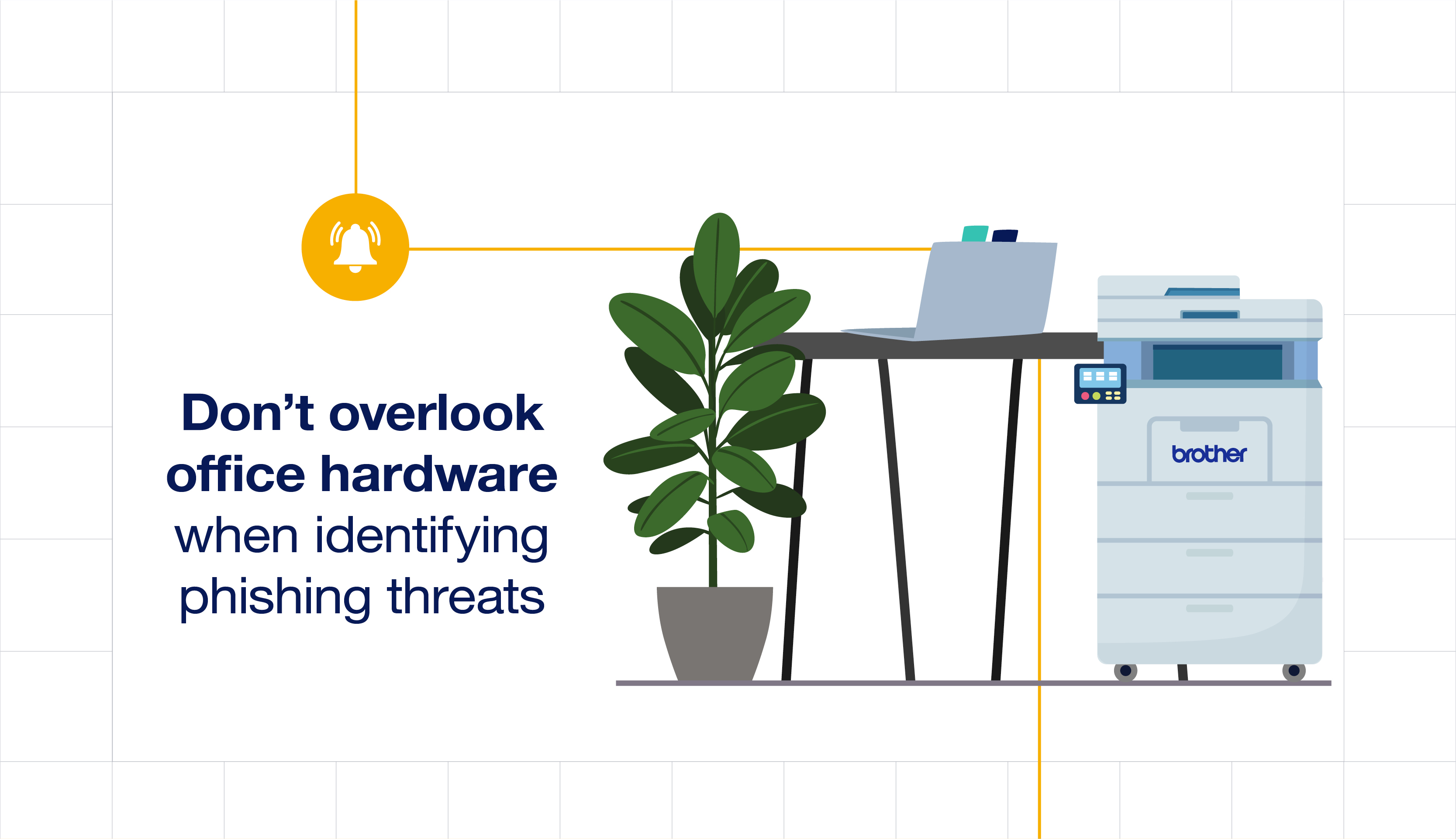 A secure Brother printer and laptop computer on a desk with a plant