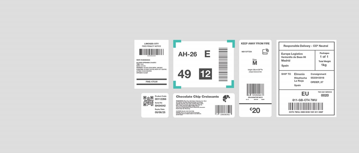 Selection of illustrated barcode labels on a grey background