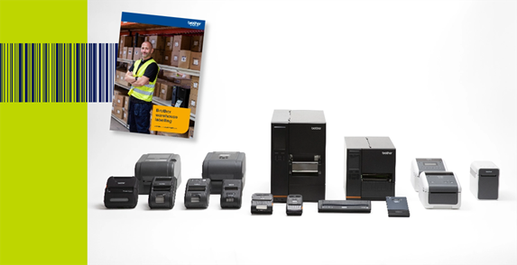 Brother label printers in a line and the front over of a brochure on show